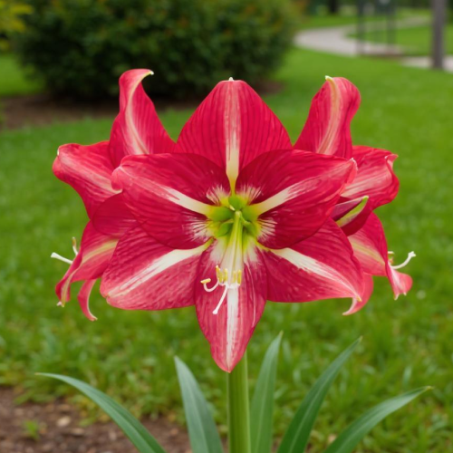 Striped Beauty amaryllis (Hippeastrum) with single bicolour flowers
