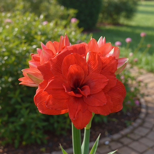 Tika Dragon amaryllis (Hippeastrum) with double red flowers